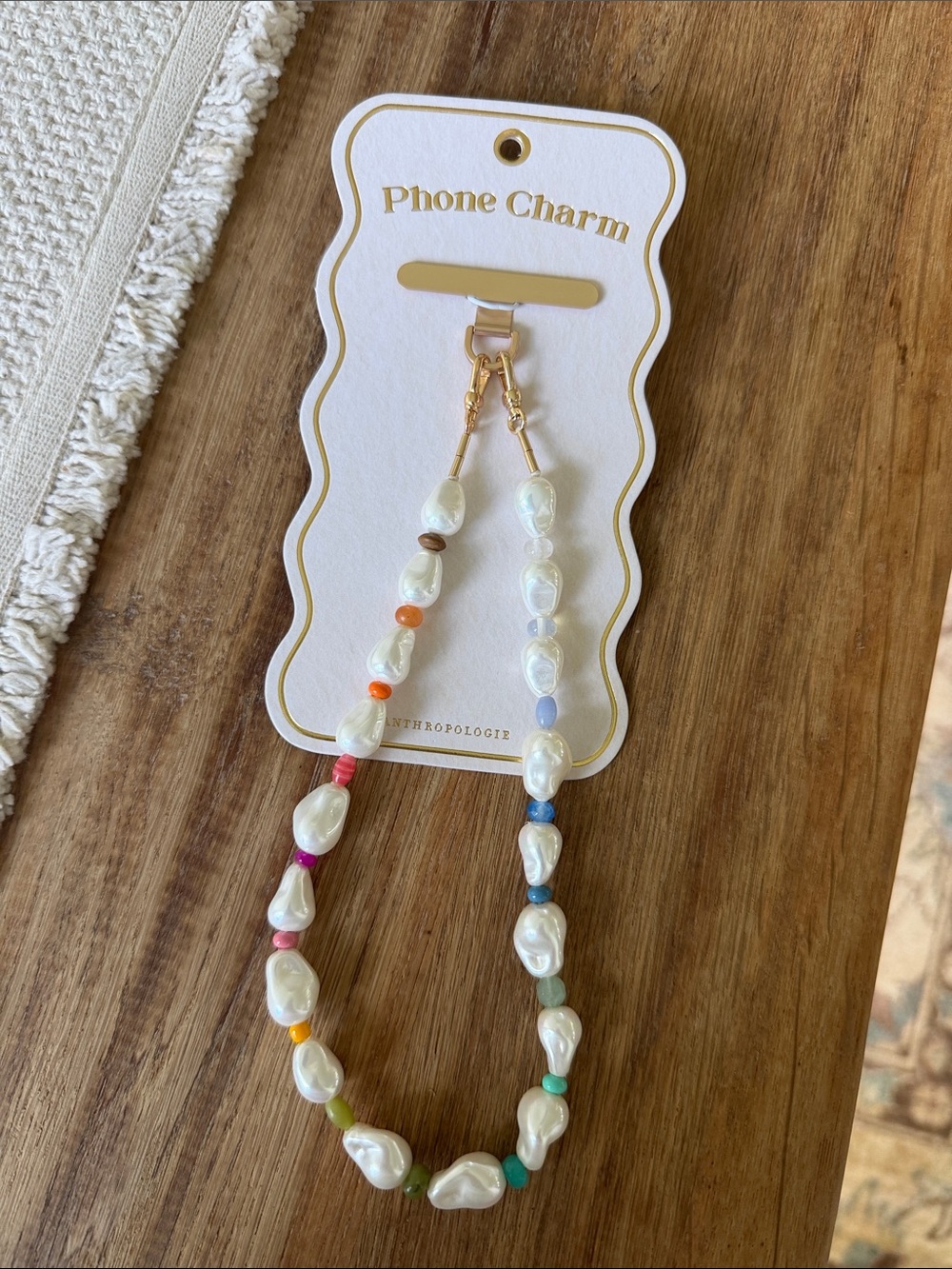 Anthropologie Pearl Bead Phone Charm with Multicolor Beads